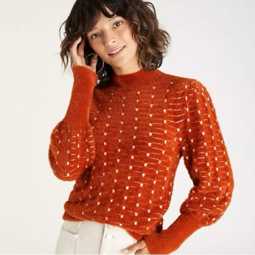 Ann Taylor Dot Jacques Balloon Sleeve Vibrant Orange Turtleneck Sweater